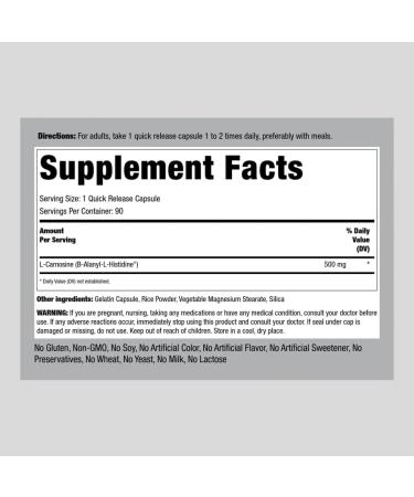 Piping Rock L-Carnosine 500mg Capsules - Amino Acid Supplement | Non-GMO & Gluten Free - 90 Count - Buy Online on GoSupps.com
