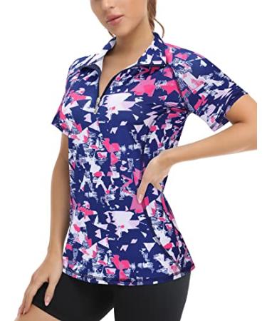 Koscacy Womens Quarter Zip Polo Shirts Short Sleeve Quick Dry Golf Tennis Athletic Tops (S-2XL) Geometry Small