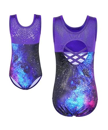 TFJH E Gymnastics Leotards for Girls Shiny Diamond Dance Costumes Practice Outfits Cross Back 5-6Years A Purple Galaxy
