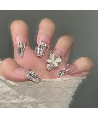 Long Press on Nails French Tip Fake Nails with 3D Butterfly Rhinestones Designs Glossy Full Cover Acrylic Nails for Women styles 1 - Buy Online on GoSupps.com