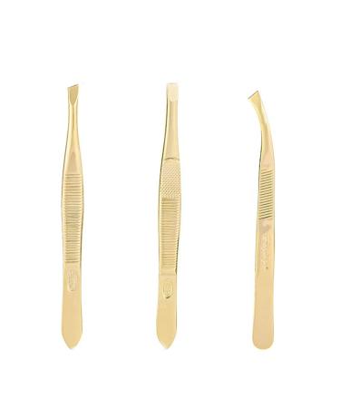 Tvoip 3Pcs Eyebrow Tweezer Golden Stainless Steel Slant/Flat Tip Curved Forceps Hair Removal Cosmetic Makeup Tool Kit Face Trimmer