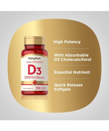 Piping Rock Vitamin D3 2000 IU Softgels - High Potency Non-GMO Supplement (250 Count) - Buy Online on GoSupps.com