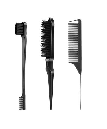 Sweet view 3 pieces Sleek Bun brush teasing hair brush bristle hairbrush edge brush rat -tailing ridge hair gear for baby hair and stray hair -black