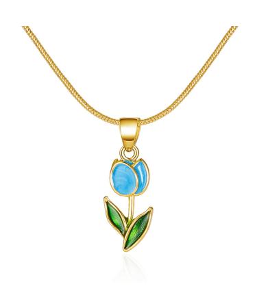 KUAIYIJU Simple Tulip Flower Pendant Necklace Choker Fashion Jewelry Simple Clavicle Chain Blue