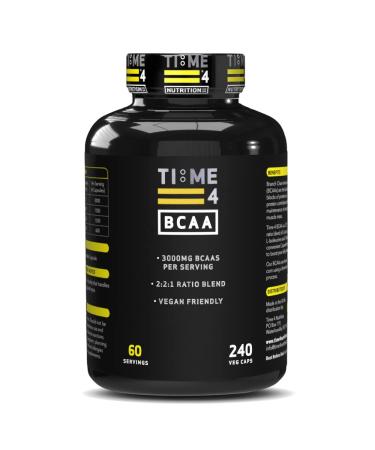 Time 4 BCAA - 240 Capsules High Strength Branch Chain Amino Acids Made By Fermentation Process for Muscle Growth Tissue Repairing & Energy Production Vegan BCAA Capsules Not BCAA Amino Acids Tablets