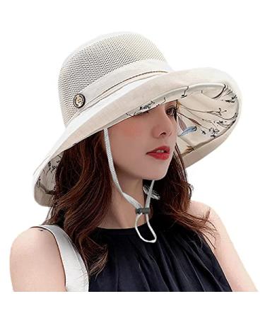 Women Cotton Wide Brim Sun Hats Metal Wired Edge Summer UV Protection UPF Boho Hat for Beach Hiking Garden Travel Chin Strap A1-m9163-beige