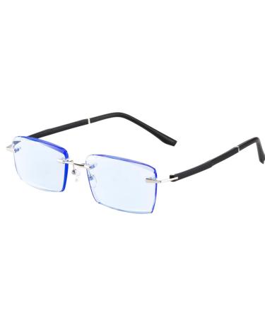 Frameless Rectangular Blue Crystal Readers Men Stylish Reading Glasses Lightweight Eyeglasses 1.5+ Silver
