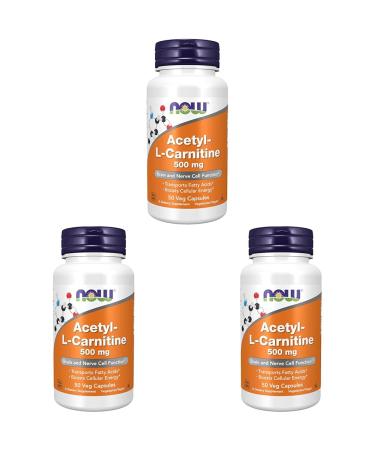NOW Supplements Acetyl-L Carnitine 500 mg Amino Acid Brain and Nerve Cell Function* 50 Veg Capsules (Pack of 3) 50 Count (Pack of 3) Supplements