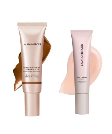 Laura Mercier Tinted Moisturizer Light Revealer with SPF 25 Luminous Finish Shade 6N1 Mocha and Pure Canvas Primer Illuminating Improves and Extends Wear of Makeup Radiant Finish Bundle