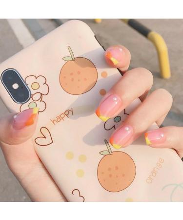 French Tip Press on Nails - Short Square Press On Nails with Nail Tips French freshing Candy colored pearls Design Glossy press on nails Acrylic False Nails Cute Artificial Nails