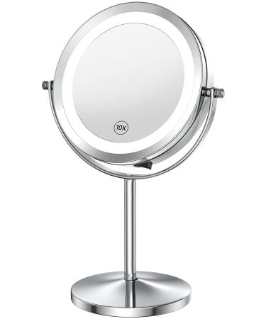 Benbilry 1x/10x Magnifying Lighted Makeup Mirror, Double Sided LED Vanity Mirror with Lights, Battery Operated 360 Swivel 7 Inch Cordless Standing Light Up Mirror Ring Light Mirror (Button Switch) Silver