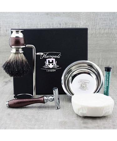 Complete 5-Piece Wet Shaving Set: Pure Roof Hair Brush Razor Plane Stand-Shaped Shell Premium Soap & Free Alumeric Stick - Antique Special Collection - Buy Online on GoSupps.com