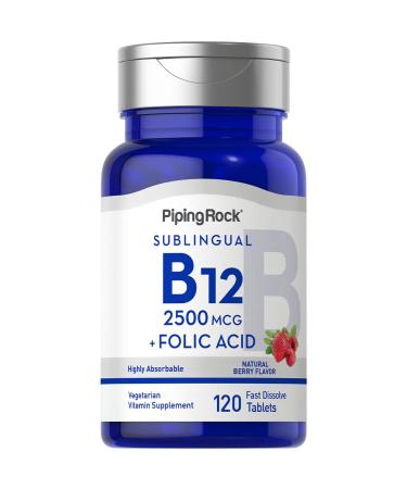 Piping Rock Vitamin B12 2500 mcg | 120 Fast Dissolve Tablets | Berry Flavor | with Folic Acid | Vegetarian Non-GMO Gluten Free Supplement - Buy Online on GoSupps.com
