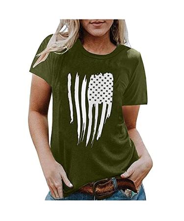 4th of July Outfits for Women Summer Patriotic Shirts for Women Crewneck Short Sleeve American Flag Print Workout Tops A04#army Green X-Large