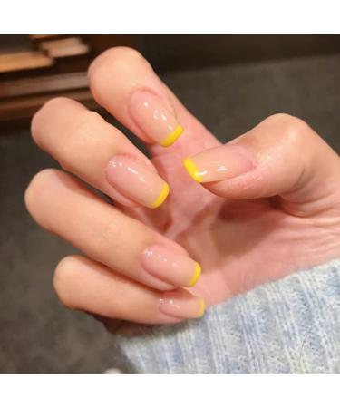 Handcess Short Shiny Square Artificial Nails - French Art Design in Yellow/Pink - 24 Press-On Nails for Women & Girls - Buy Online on GoSupps.com