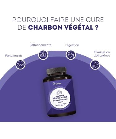 Charbon Actif V g tal Super Absorbant 2000 mg - 240 g lules - Charbon V g tal Naturel Issu de Noix de Coco - 1 mois - Fabriqu en France - Vitavea - Buy Online on GoSupps.com