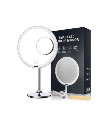 eLimko Lighted Makeup Mirror Large 8.5 Inch with 5X Small Magnifying Mirror Cosmetic LED Light Sensor Touch Screen Smart Adjustable Brightness USB Rechargeable Cordless Vanity Mirror