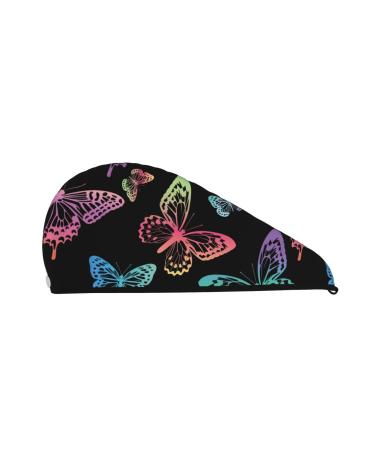 Rainbow Butterflies On A Black Background Microfiber Hair Towel Soft Super Absorbent Hair Towel Wrap for Women Coral Velvet Quick Dry Hair Cap for Long Curly and Thick Hair