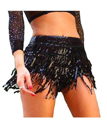 Women's Sequins Tassel Skirts Shorts Rave Festival Bottoms Black Small