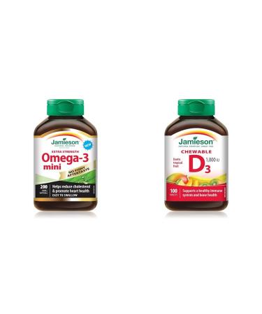 Jamieson No Fishy Aftertaste Extra Strength Omega-3 Mini 200 Count & Vitamin D3 1 000 IU - Exotic Tropical Fruit Flavour 100 Count (Pack of 1) Omega-3 Mini + Vitamin D3