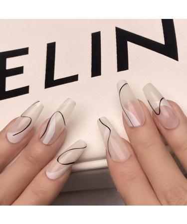 24Pcs/Set Press On Nails French Long Lines False Nails Acrylic Fake Nails Full Cover Nails Tips Artificial Finger Manicure Press on nails for Women and Girls - Buy Online on GoSupps.com