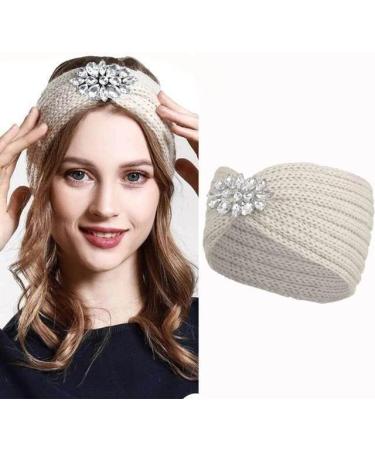 Fashband Winter Knit Headbands Rhinestones Ear Warmer Headband Elastic Knot Head Wraps for Women and Girls Beige - Buy Online on GoSupps.com