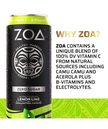 ZOA Zero Sugar Energy Drink - Lemon Lime 12 Pack | 160mg Natural Caffeine, Supports Immunity & Focus - Buy Online on GoSupps.com