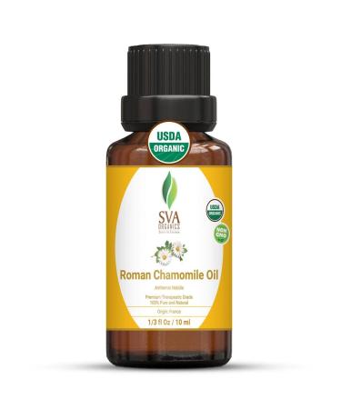 SVA ORGANICS Roman Chamomile Oil (1/3 Oz) 10 ml Organic USDA Certified 100% Pure Natural Therapeutic Grade Oil For Skin Care  Hair Care  Diffuser  Massage & Aromatherapy 0.34 Fl Oz (Pack of 1)