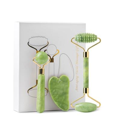 Chyaya Jade Roller & Gua Sha Massage Set Natural Anti-Aging Face Roll for Face Eyes Neck For Skin Care Beauty and Relaxation of Body Muscles (3 pieces)