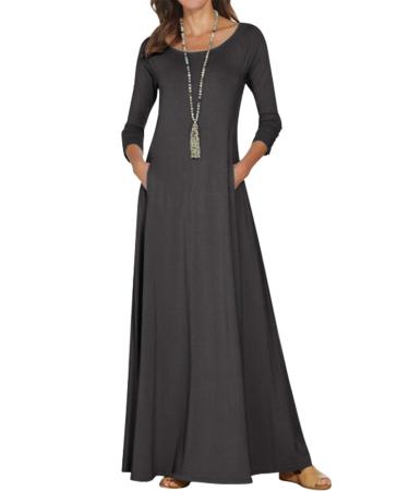 Jacansi Women's 3/4 Long Sleeve Maxi Dresses Casual Boat Neck Dress with Pockets S Dark Gray