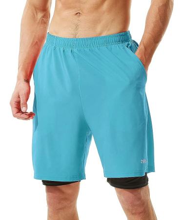 TENJOY Men's 2 in 1 Running Shorts - Quick Dry Athletic Workout Shorts with Phone Pockets (Light Blue, Large) - Buy Online on GoSupps.com