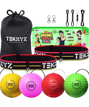 TEKXYZ Boxing Reflex Ball Family Pack, 4 Different Boxing Ball with Headband, Softer Than Tennis Ball, Perfect for Reaction, Agility, Punching Speed, Fight Skill and Hand Eye Coordination Training