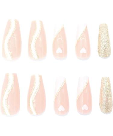 Justotry 24 Pcs Glitter Swirl French Press On Nails - Medium White Heart Ballerina Design | Acrylic Coffin False Nails with Glue for Women | Nail Art Glitter & Long - Buy Online on GoSupps.com