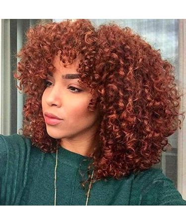 LIZZY Short Curly Afro Wigs with Bangs for Black Women African Synthetic Glueless Heat Resistant Fluffy Bomb Curly Hair Wig ( Copper Red)