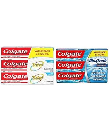 Colgate Total Toothpaste Clean Mint 120 mL (3 pack) + Colgate MaxFresh Whitening Fluoride Gel Toothpaste Cool Mint 150 Milliliters 3 Count w/ Mint Toothpaste