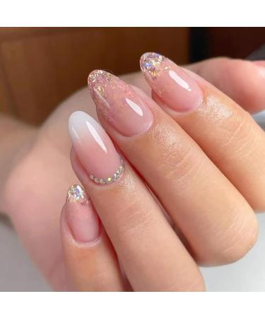 Medium Press on Nails White Pink Gradient Almond False Nails Artificial Rhinestone Glossy Fake Nails for Women Short Acrylic Nail with Adhesive Tabs 24 Pcs Almond Gradient Pink Nails