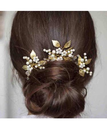 Gorais Pearl Bride Wedding Hair Pins - Leaf Bridal Hair Pieces Rhinestone Hair Clips (Pack of 3) - Gold Accessories for Women and Girls - Buy Online on GoSupps.com