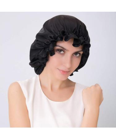 ALASKA BEAR 100% Silk Bonnet for Curly Hair Women Night Sleep Head Cap w/Elastic Black