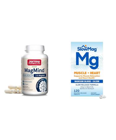 Jarrow Formulas MagMind Brain Health with Magtein (Magnesium L-Threonate) & SlowMag Muscle + Heart Magnesium Chloride with Calcium Supplement 30 Servings (Pack of 1) Capsules + Magnesium