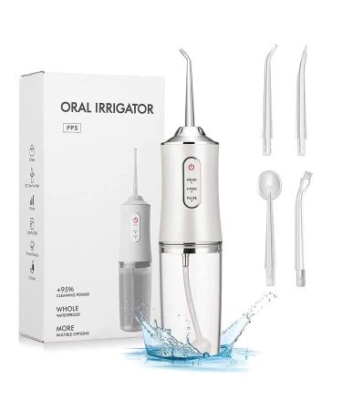 Electric Water Flosser Cordless Rechargeable Oral Irrigator with 3 Modes 4 Jet Tips 220ML Removable Detachable Water Tank for Travel and Home Portable & IPX7 Waterproof Tooth Care Cleaner Water Spray White