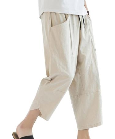 Men's Cotton Linen Yoga Pants with Pockets - Stylish Print Drawstring Sweatpants for Workouts and Lounging | White XL - Buy Online on GoSupps.com