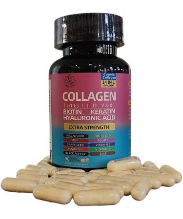 Collagen Peptides Types I II III V & X 64000 MCG 14 in 1 Biotin Keratin Hyaluronic Acid Magnesium MSM Grape Seed Vitamin A C & E Black Pepper Quercetin Folate Zinc (90 Veggie Caps) - Buy Online on GoSupps.com