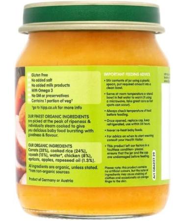 HiPP Organic Stage 1 From 4 Months Sweet Squash and Chicken 6 x 125 g (Pack of 2 Total 12 Pots) - Buy Online on GoSupps.com