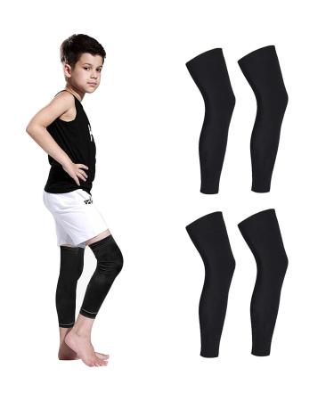 Luwint Long Compression Leg Sleeves for Kids Non-Slip UV Protection Thigh Calf Sleeves Comfortable Brace Support, 2 Pair 2 Pair Black Medium (Age 10-12)