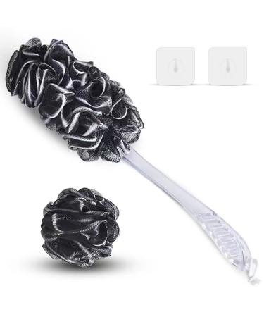 Loofah-Charcoal Back-Scrubber-Bath Sponges-Long Handled Shower Sponge-Loofah On a Stick- 1 Long Handle Back Brush  1 Large Soft Mesh Poufs and 2 Hook for Men and Women
