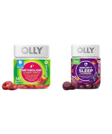 OLLY Metabolism Gummy Rings Apple Cider Vinegar Vitamin B12 30 Count Sleep Immunity Melatonin Gummy Vitamin C Zinc Echinacea 36 Count Bundle