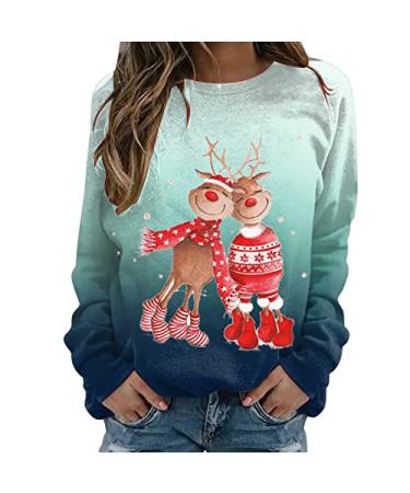 Yck-SAiWed Ugly Christmas Sweatshirts for Women Fashion Gradient Reindeer Print Pullover Casual Crew Neck Long Sleeve Jumpers Green Large
