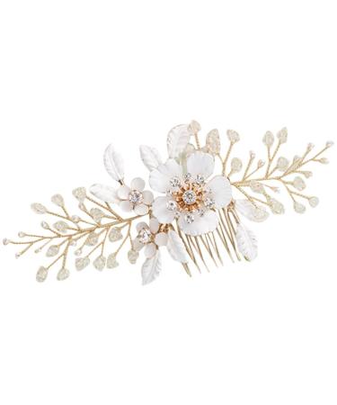FRCOLOR Crystal Flower Hair Comb Rose Gold Rhinestone Hair Comb Pearl Bridal Side Comb French Vintage Hair Clips Leaf Hair Accessories for Women and Girls