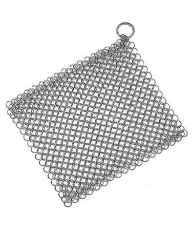Cast Iron Scrubber 316 Stainless Steel Cast Iron Skillet Cleaner Scraper Chainmail Scrubber Chain Scrub for Cast Iron Pre-Seasoned Pans, Griddles, BBQ Grills, and More Pot Cookware Cleaning-8x6 Inch Stainless Steel Color-square