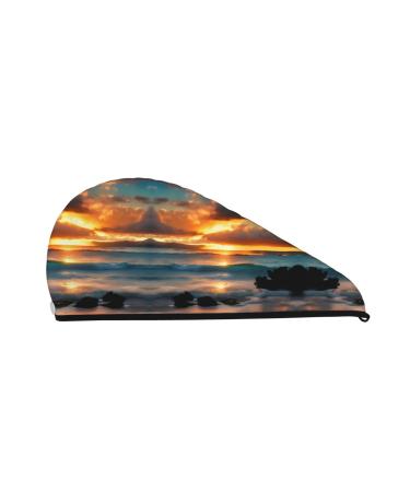 Beach Maui Hawaii Sunset Sea Waves Clouds Coral Velvet Dry Hair Cap Caps with Buttons for Drying Curly Long & Thick Hair Anti Frizz